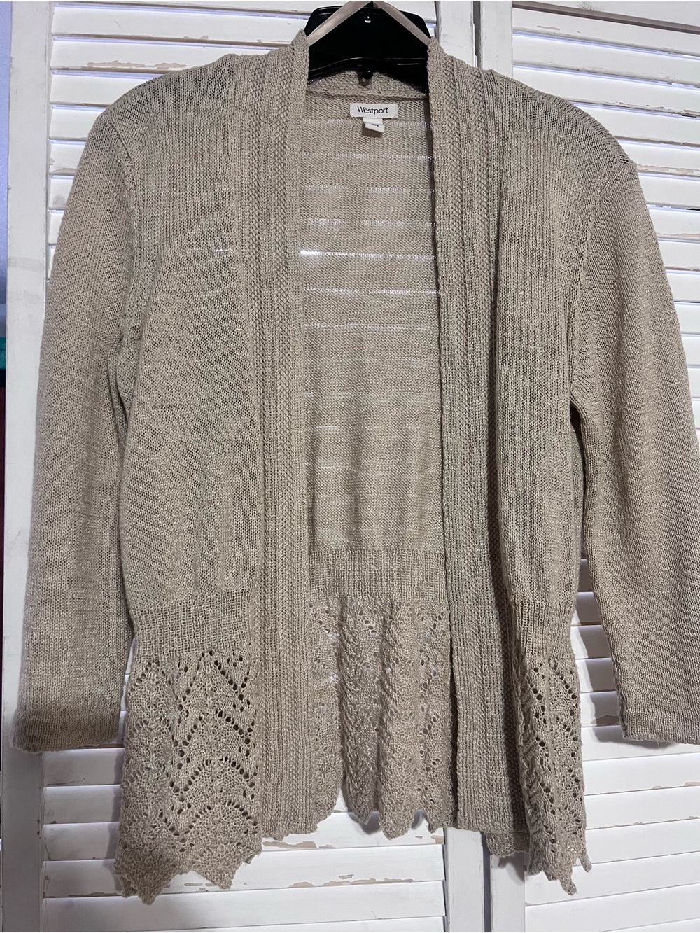 Westport Women's Open-Front Tan Cotton Lace-Hem Cardigan on Medium
